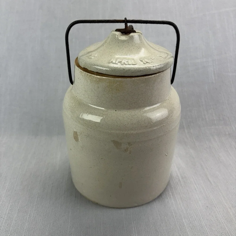 Vintage April Fool Stoneware Crock Jar with Lid & Wire Bail Handle Off-White